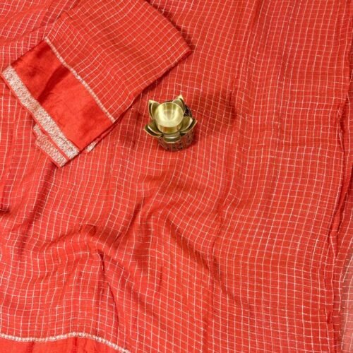 coral orange viscose georgette checks saree Hyderabad