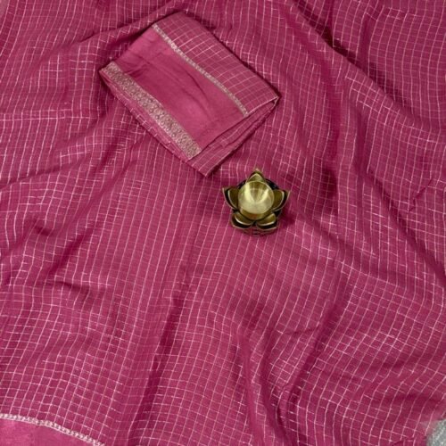 pink viscose georgette checks saree with zari border Hyderabad