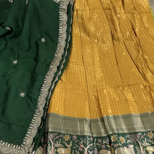 mustard green vintage checks lehenga set with kanchi meena border