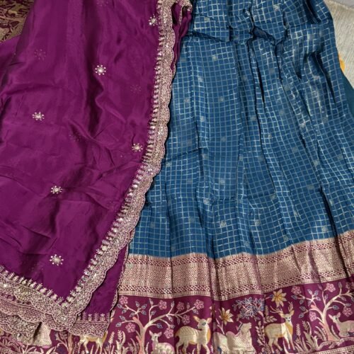 teal blue magenta vintage checks lehenga set with kanchi meena border