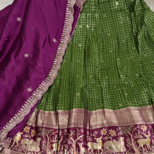 green magenta vintage checks lehenga set with kanchi meena border