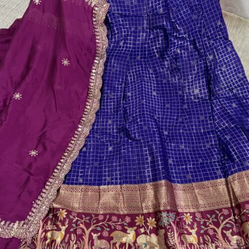 royal blue magenta vintage checks lehenga set with kanchi meena border