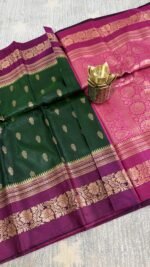 bottle green soft silk semi pattu saree magenta zari border rich pallu festive wedding saree