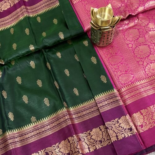 bottle green soft silk semi pattu saree magenta zari border rich pallu festive wedding saree