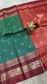 peacock green soft silk semi pattu saree maroon zari border rich pallu festive wedding saree