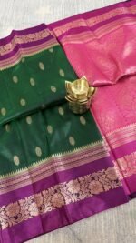 bottle green soft silk semi pattu saree pink zari border rich pallu festive wedding saree