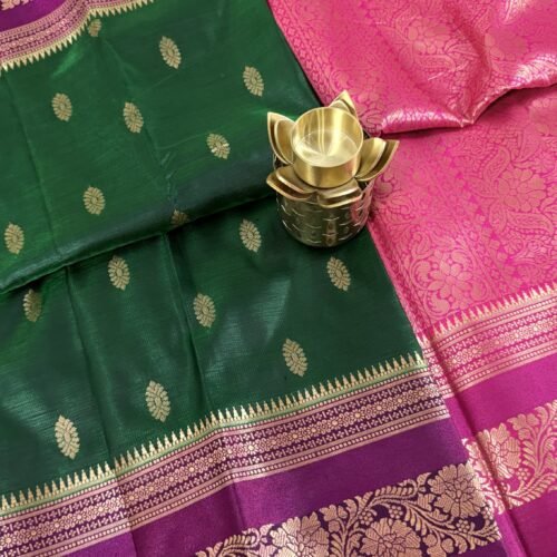 bottle green soft silk semi pattu saree pink zari border rich pallu festive wedding saree