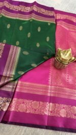 bottle green soft silk semi pattu saree pink zari border rich pallu festive wedding saree
