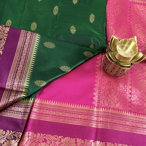 bottle green soft silk semi pattu saree pink zari border rich pallu festive wedding saree