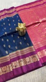 navy blue soft silk semi pattu saree magenta zari border rich pallu festive wedding saree