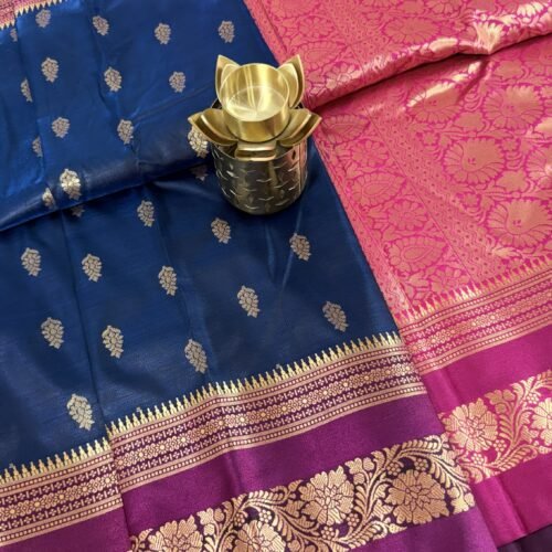 navy blue soft silk semi pattu saree magenta zari border rich pallu festive wedding saree