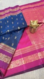 navy blue soft silk semi pattu saree magenta zari border rich pallu festive wedding saree