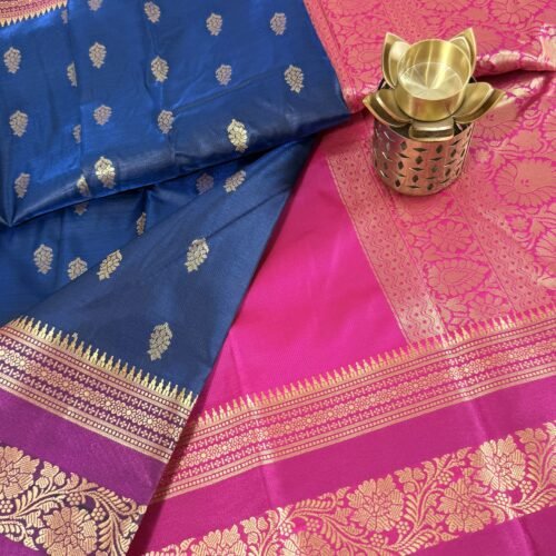 navy blue soft silk semi pattu saree magenta zari border rich pallu festive wedding saree