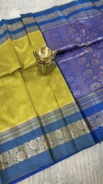 lime green soft silk semi pattu saree blue zari border rich pallu festive wedding saree