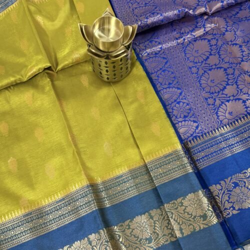 lime green soft silk semi pattu saree blue zari border rich pallu festive wedding saree