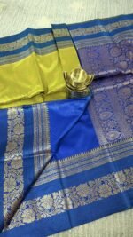 lime green soft silk semi pattu saree blue zari border rich pallu festive wedding saree