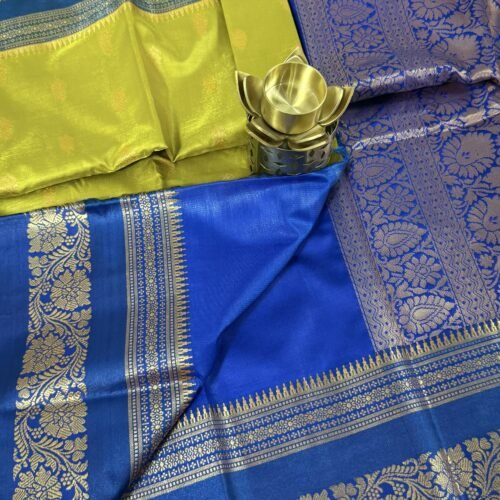lime green soft silk semi pattu saree blue zari border rich pallu festive wedding saree