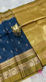 blue soft silk semi pattu saree olive green zari border rich gold pallu festive wedding saree