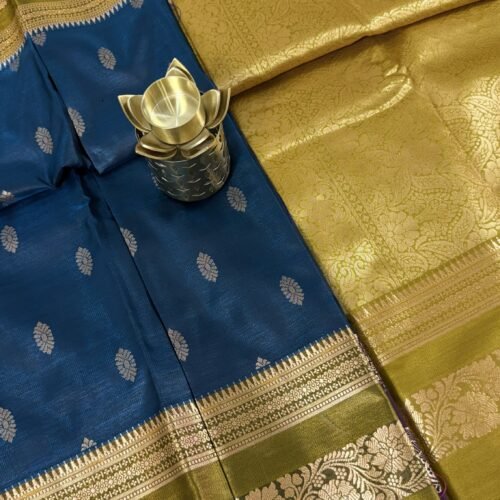 blue soft silk semi pattu saree olive green zari border rich gold pallu festive wedding saree