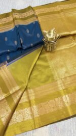 blue soft silk semi pattu saree olive green zari border rich gold pallu festive wedding saree