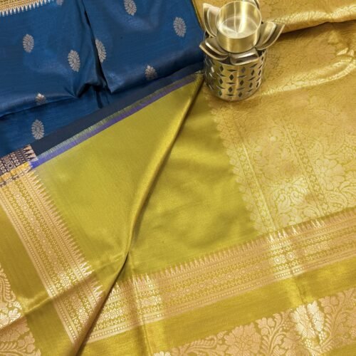 blue soft silk semi pattu saree olive green zari border rich gold pallu festive wedding saree
