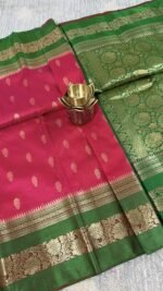 pink soft silk semi pattu saree green zari border rich pallu festive wedding saree