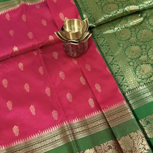 pink soft silk semi pattu saree green zari border rich pallu festive wedding saree