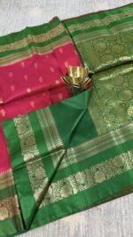 pink soft silk semi pattu saree green zari border rich pallu festive wedding saree