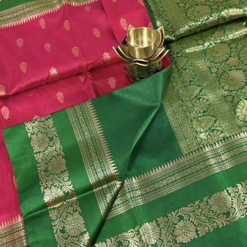 pink soft silk semi pattu saree green zari border rich pallu festive wedding saree