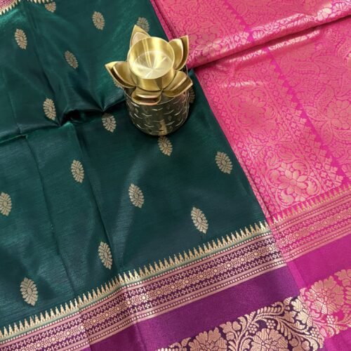 bottle green soft silk semi pattu saree pink zari border rich pallu festive saree hyderabad