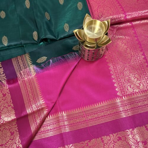 bottle green soft silk semi pattu saree pink zari border rich pallu festive saree hyderabad