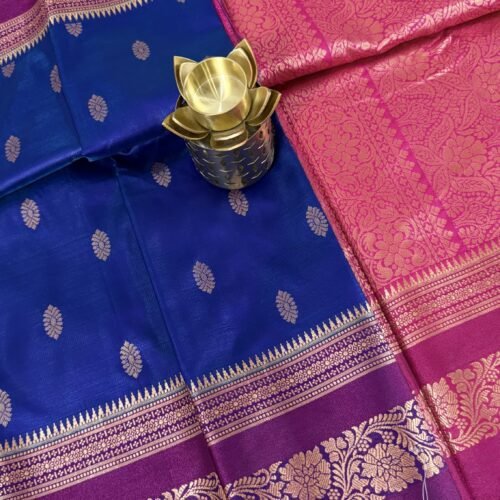 royal blue soft silk semi pattu saree pink zari border rich pallu festive saree hyderabad