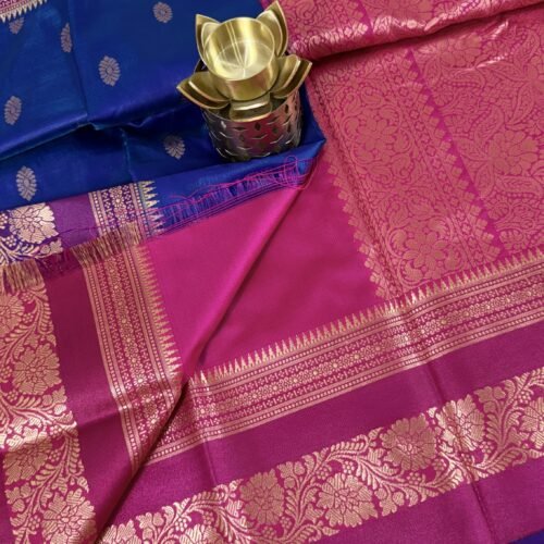 royal blue soft silk semi pattu saree pink zari border rich pallu festive saree hyderabad