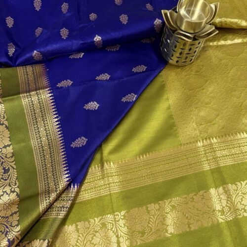 royal blue soft silk semi pattu saree zari butties green border rich pallu hyderabad