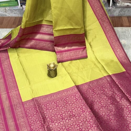 Lime Green Semi Gadwal Silk Saree with Rani Pink Contrast Border by SASU Fashions