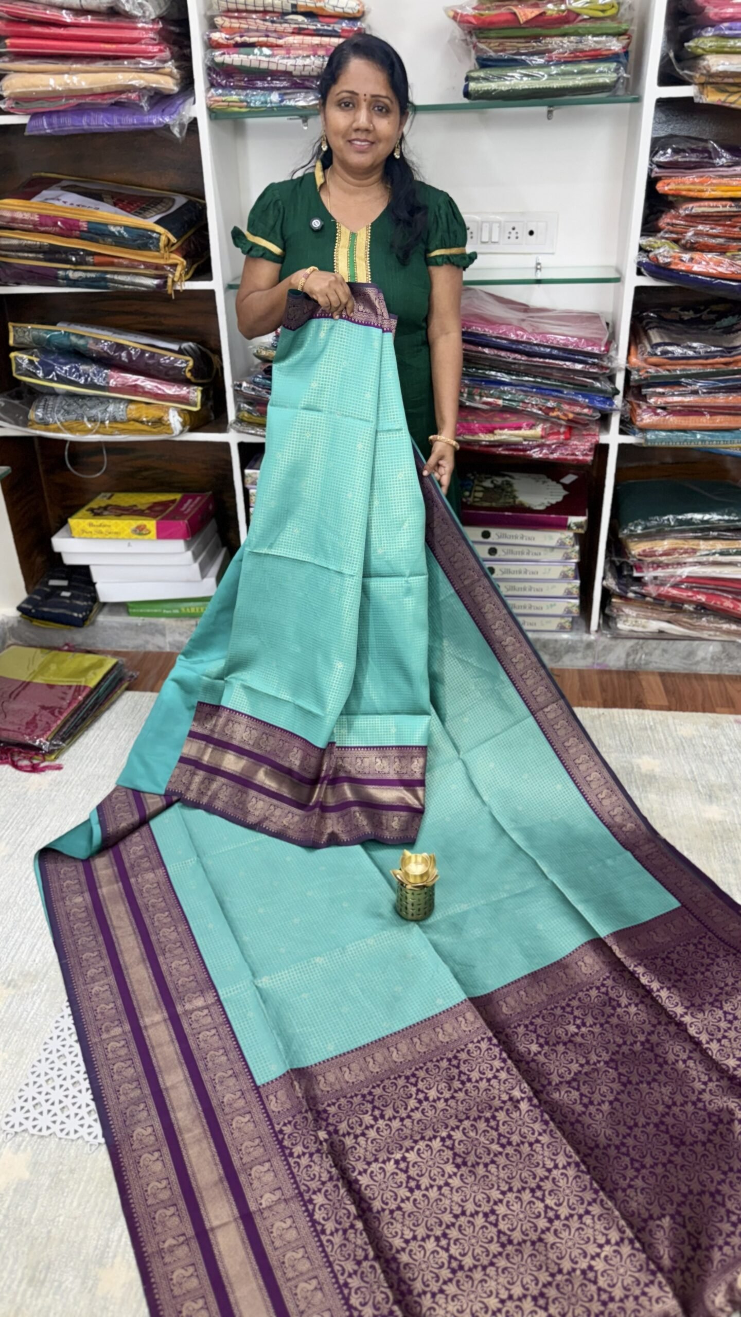 aqua-blue-semi-gadwal-silk-saree-skg88-sasu-fashions.jpg Aqua Blue Semi Gadwal Silk Saree with Purple Contrast Border by SASU Fashions
