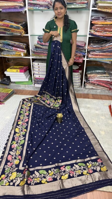 Navy Blue Banarasi Kaddi Georgette Saree with Meena Weaving Border by SASU Fashions