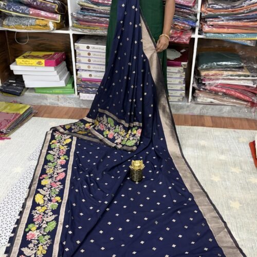 Navy Blue Banarasi Kaddi Georgette Saree with Meena Weaving Border by SASU Fashions