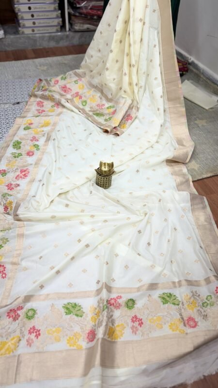 Ivory White Banarasi Kaddi Georgette Saree with Meena Weaving Border by SASU Fashions