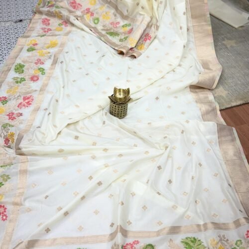 Ivory White Banarasi Kaddi Georgette Saree with Meena Weaving Border by SASU Fashions