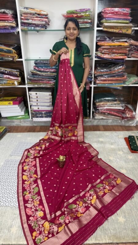 Close-up of Rani Pink Banarasi Kaddi Georgette Saree with Meena Weaving Border