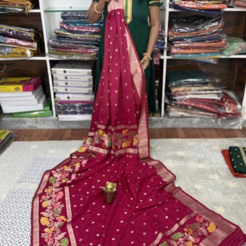 Close-up of Rani Pink Banarasi Kaddi Georgette Saree with Meena Weaving Border