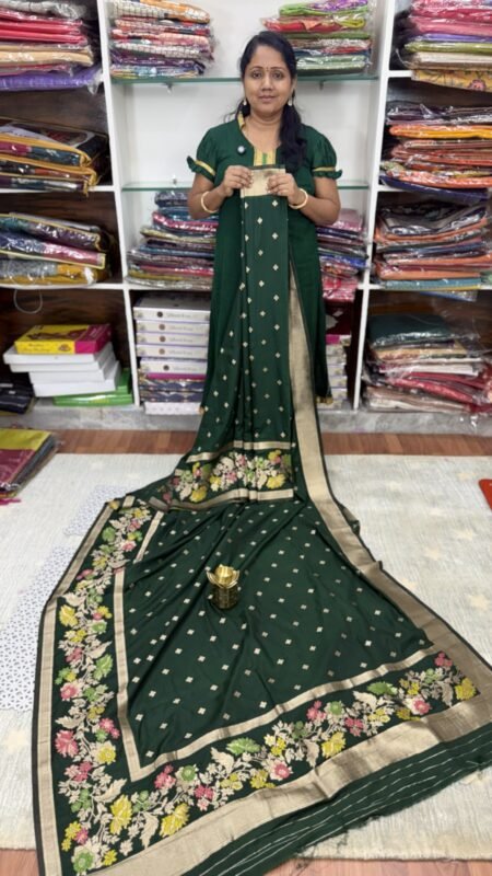 Dark Green Banarasi Kaddi Georgette Saree with Meena Weaving Border by SASU Fashions