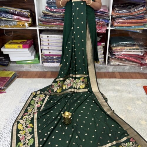 Dark Green Banarasi Kaddi Georgette Saree with Meena Weaving Border by SASU Fashions